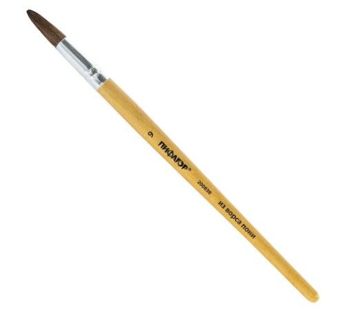 Кисть ПИФАГОР, ПОНИ, круглая, № 9, деревянная лакированная ручка, колпачок, пакет с подвесом, 200838