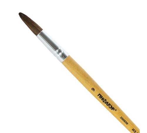 Кисть ПИФАГОР, ПОНИ, круглая, № 9, деревянная лакированная ручка, колпачок, пакет с подвесом, 200838