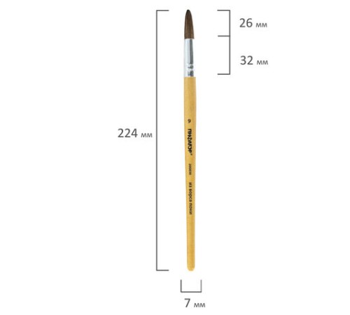 Кисть ПИФАГОР, ПОНИ, круглая, № 9, деревянная лакированная ручка, колпачок, пакет с подвесом, 200838
