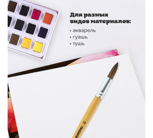 Кисть ПИФАГОР, ПОНИ, круглая, № 10, деревянная лакированная ручка, колпачок, пакет с подвесом, 200839