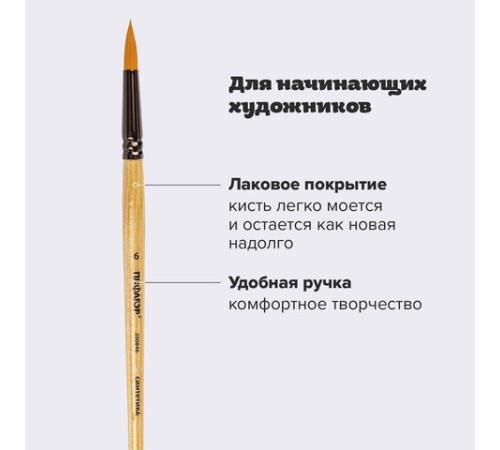 Кисть ПИФАГОР, СИНТЕТИКА, круглая, № 6, деревянная лакированная ручка, с колпачком, пакет с подвесом, 200846