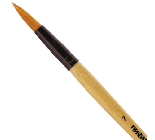 Кисть ПИФАГОР, СИНТЕТИКА, круглая, № 7, деревянная лакированная ручка, с колпачком, пакет с подвесом, 200847