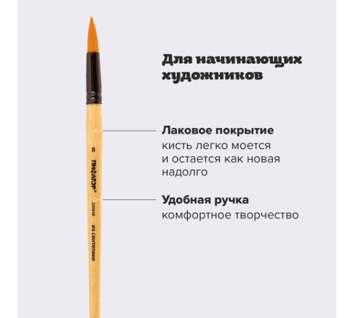 Кисть ПИФАГОР, СИНТЕТИКА, круглая, № 8, деревянная лакированная ручка, с колпачком, пакет с подвесом, 200848