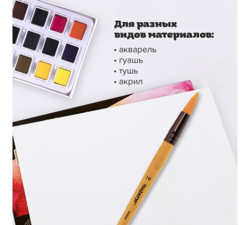Кисть ПИФАГОР, СИНТЕТИКА, круглая, № 10, деревянная лакированная ручка, с колпачком, пакет с подвесом, 200850