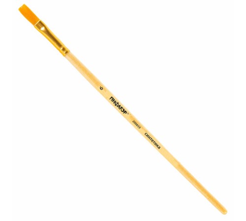 Кисть ПИФАГОР, СИНТЕТИКА, плоская, № 6, деревянная лакированная ручка, с колпачком, пакет с подвесом, 200859