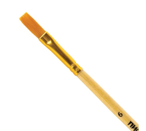 Кисть ПИФАГОР, СИНТЕТИКА, плоская, № 6, деревянная лакированная ручка, с колпачком, пакет с подвесом, 200859