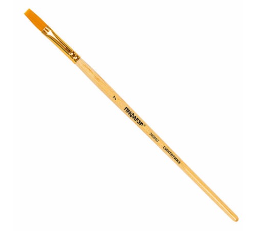 Кисть ПИФАГОР, СИНТЕТИКА, плоская, № 7, деревянная лакированная ручка, с колпачком, пакет с подвесом, 200860