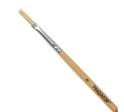 Кисть ПИФАГОР, ЩЕТИНА, плоская, № 4, деревянная лакированная ручка, 200871