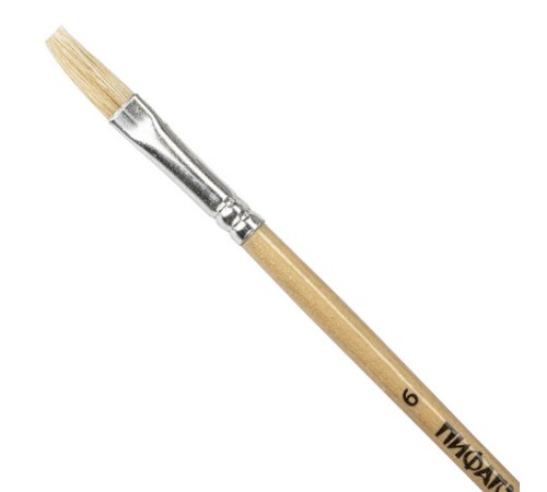 Кисть ПИФАГОР, ЩЕТИНА, плоская, № 6, деревянная лакированная ручка, пакет с подвесом, 200872