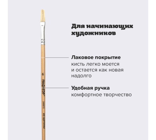 Кисть ПИФАГОР, ЩЕТИНА, плоская, № 6, деревянная лакированная ручка, пакет с подвесом, 200872