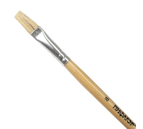 Кисть ПИФАГОР, ЩЕТИНА, плоская, № 8, деревянная лакированная ручка, пакет с подвесом, 200873