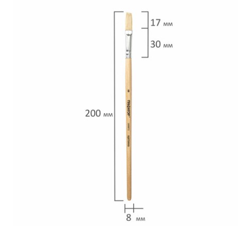 Кисть ПИФАГОР, ЩЕТИНА, плоская, № 8, деревянная лакированная ручка, пакет с подвесом, 200873