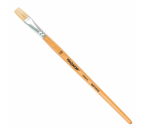 Кисть ПИФАГОР, ЩЕТИНА, плоская, № 10, деревянная лакированная ручка, пакет с подвесом, 200874