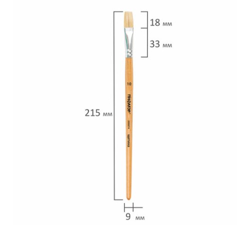 Кисть ПИФАГОР, ЩЕТИНА, плоская, № 10, деревянная лакированная ручка, пакет с подвесом, 200874