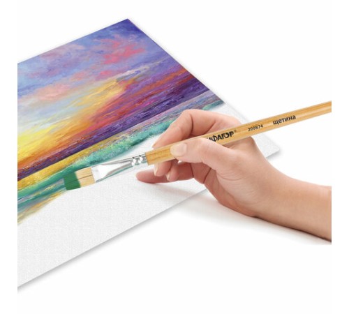 Кисть ПИФАГОР, ЩЕТИНА, плоская, № 10, деревянная лакированная ручка, пакет с подвесом, 200874