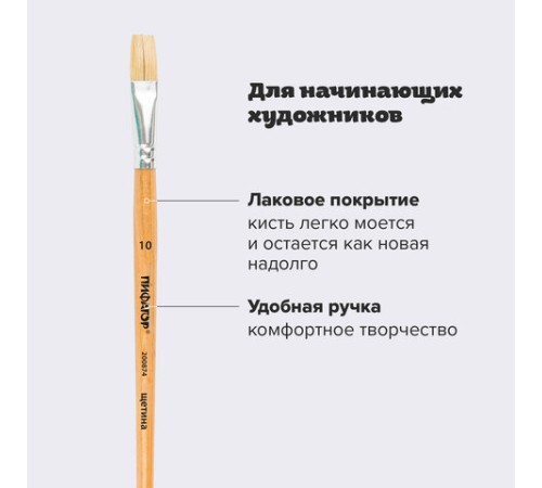 Кисть ПИФАГОР, ЩЕТИНА, плоская, № 10, деревянная лакированная ручка, пакет с подвесом, 200874