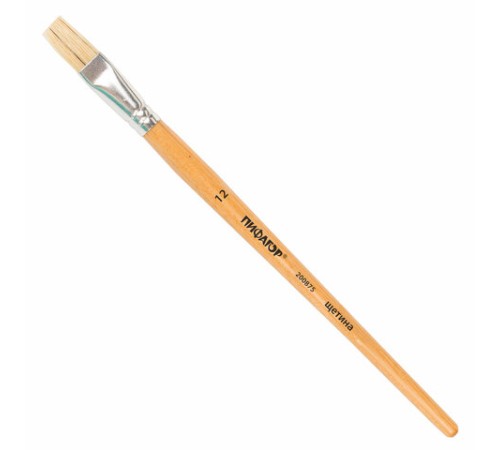 Кисть ПИФАГОР, ЩЕТИНА, плоская, № 12, деревянная лакированная ручка, пакет с подвесом, 200875