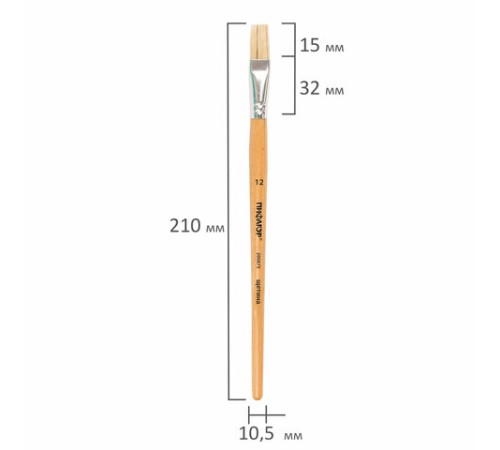 Кисть ПИФАГОР, ЩЕТИНА, плоская, № 12, деревянная лакированная ручка, пакет с подвесом, 200875