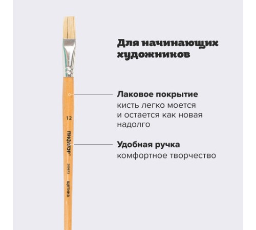 Кисть ПИФАГОР, ЩЕТИНА, плоская, № 12, деревянная лакированная ручка, пакет с подвесом, 200875