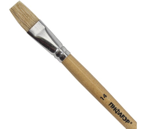Кисть ПИФАГОР, ЩЕТИНА, плоская, № 14, деревянная лакированная ручка, пакет с подвесом, 200876