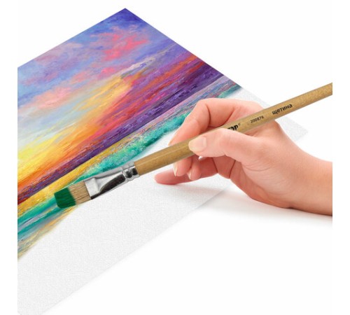 Кисть ПИФАГОР, ЩЕТИНА, плоская, № 14, деревянная лакированная ручка, пакет с подвесом, 200876