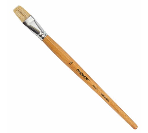 Кисть ПИФАГОР, ЩЕТИНА, плоская, № 16, деревянная лакированная ручка, пакет с подвесом, 200877