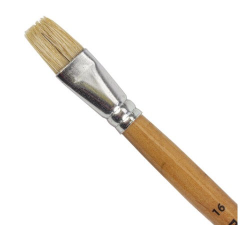 Кисть ПИФАГОР, ЩЕТИНА, плоская, № 16, деревянная лакированная ручка, пакет с подвесом, 200877
