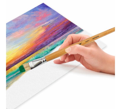 Кисть ПИФАГОР, ЩЕТИНА, плоская, № 16, деревянная лакированная ручка, пакет с подвесом, 200877