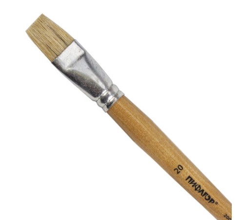 Кисть ПИФАГОР, ЩЕТИНА, плоская, № 20, деревянная лакированная ручка, пакет с подвесом, 200879