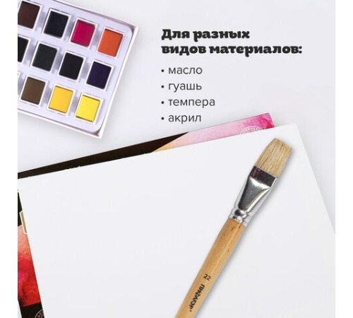 Кисть ПИФАГОР, ЩЕТИНА, плоская, № 22, деревянная лакированная ручка, пакет с подвесом, 200880