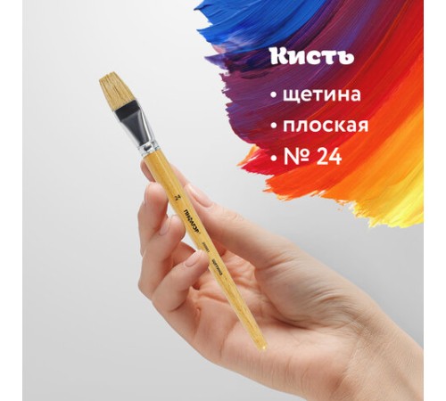 Кисть ПИФАГОР, ЩЕТИНА, плоская, № 24, деревянная лакированная ручка, пакет с подвесом, 200881