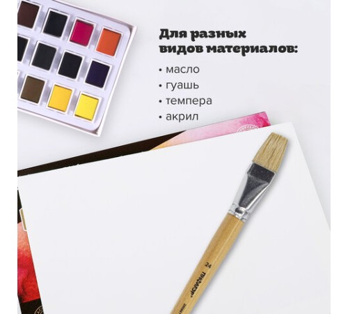 Кисть ПИФАГОР, ЩЕТИНА, плоская, № 24, деревянная лакированная ручка, пакет с подвесом, 200881