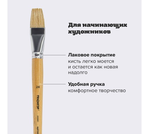 Кисть ПИФАГОР, ЩЕТИНА, плоская, № 24, деревянная лакированная ручка, пакет с подвесом, 200881