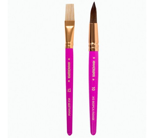 Кисти ЮНЛАНДИЯ, набор 2 шт. (ПОНИ: круглая № 10; ЩЕТИНА: плоская № 12), блистер с европодвесом, 200883