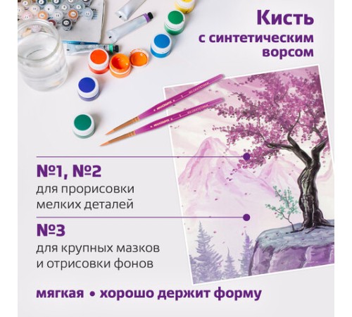 Кисти ЮНЛАНДИЯ, набор 3 шт. (СИНТЕТИКА: круглые № 1, 2; плоская № 3), пакет с европодвесом, 200886
