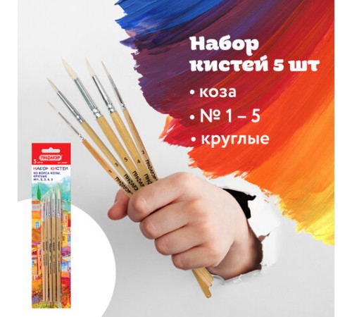 Кисти ПИФАГОР, набор 5 шт. (КОЗА: круглые № 1, 2, 3, 4, 5), блистер с европодвесом, 200887