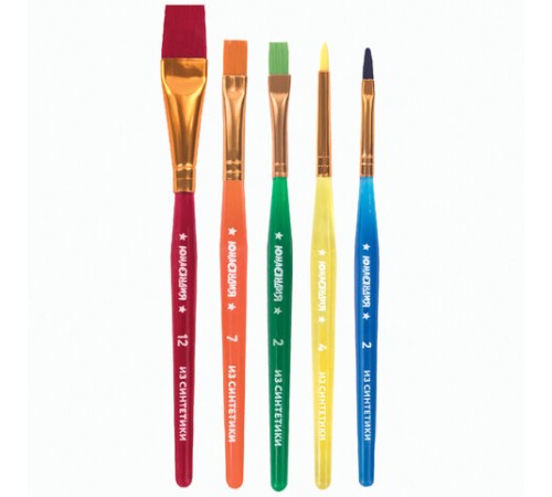 Кисти ЮНЛАНДИЯ, набор 5 шт. (СИНТЕТИКА: круглая № 4; плоские № 2, 7, 12; овальная № 2), блистер с европодвесом, 200889