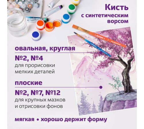 Кисти ЮНЛАНДИЯ, набор 5 шт. (СИНТЕТИКА: круглая № 4; плоские № 2, 7, 12; овальная № 2), блистер с европодвесом, 200889