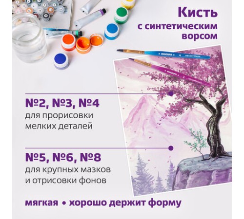 Кисти ЮНЛАНДИЯ, набор 6 шт. (СИНТЕТИКА: круглые № 2, 3; плоские № 4, 5, 6, 8), блистер с европодвесом, 200890
