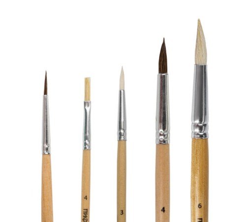 Кисти ПИФАГОР, набор 5 шт. (ПОНИ: круглые № 1, 4; КОЗА: круглые № 3, 6; ЩЕТИНА: плоская № 4), пакет с европодвесом, 200892