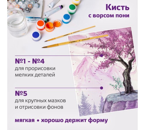 Кисти ЮНЛАНДИЯ, набор 5 шт. (ПОНИ: круглые № 1, 2, 3, 4, 5), блистер с европодвесом, 200893