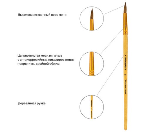 Кисти ЮНЛАНДИЯ, набор 5 шт. (ПОНИ: круглые № 1, 2, 3, 4, 5), блистер с европодвесом, 200893