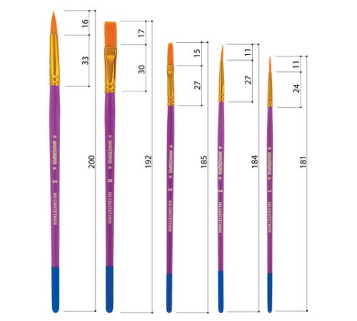 Кисти ЮНЛАНДИЯ, набор 5 шт. (СИНТЕТИКА: круглые № 1, 2, 5; плоские № 5, 8), блистер с европодвесом, 200894