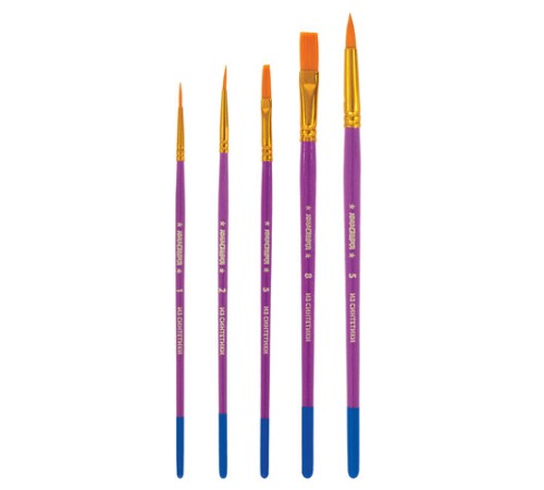 Кисти ЮНЛАНДИЯ, набор 5 шт. (СИНТЕТИКА: круглые № 1, 2, 5; плоские № 5, 8), блистер с европодвесом, 200894