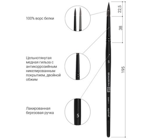 Кисть художественная проф. BRAUBERG ART CLASSIC, белка, круглая, № 5, 200911