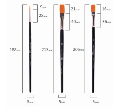 Кисти художественные BRAUBERG ART CLASSIC, набор 3 штуки, синтетика (круглая № 2, плоские № 8, 12), 200944