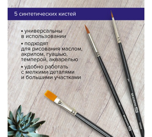 Кисти художественные набор 5 шт., синтетика, BRAUBERG ART CLASSIC, № 1-12, 200960