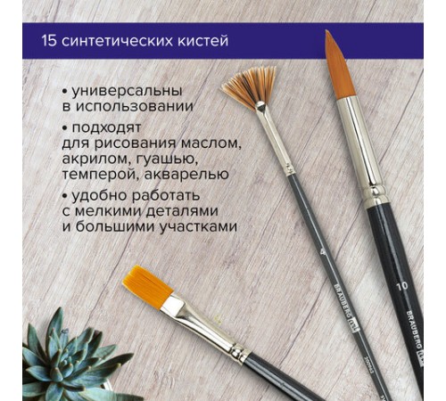 Кисти художественные набор 15 шт., синтетика, BRAUBERG ART CLASSIC, 200962