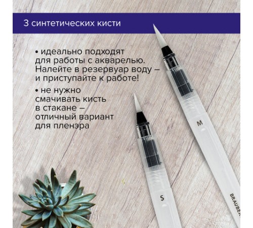 Кисти художественные с резервуаром для воды, синтетика, набор 3 шт., BRAUBERG ART DEBUT, 200964