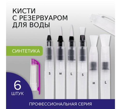 Кисти художественные с резервуаром для воды, синтетика, набор 6 шт., BRAUBERG ART DEBUT, 200965